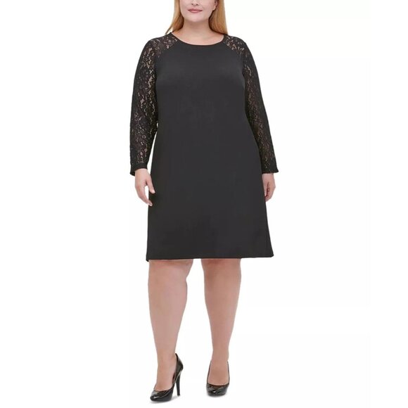NWT Tommy Hilfiger Womens Black Lace Sleeve Knee Length A Line Dress Size 14W - Picture 1 of 3
